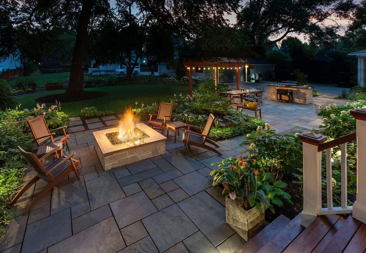 patio with firepit and pergola