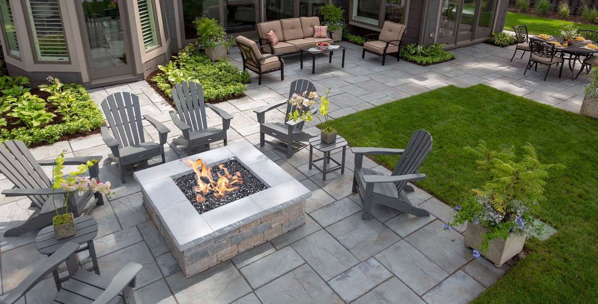 patio with seating areas and firepit