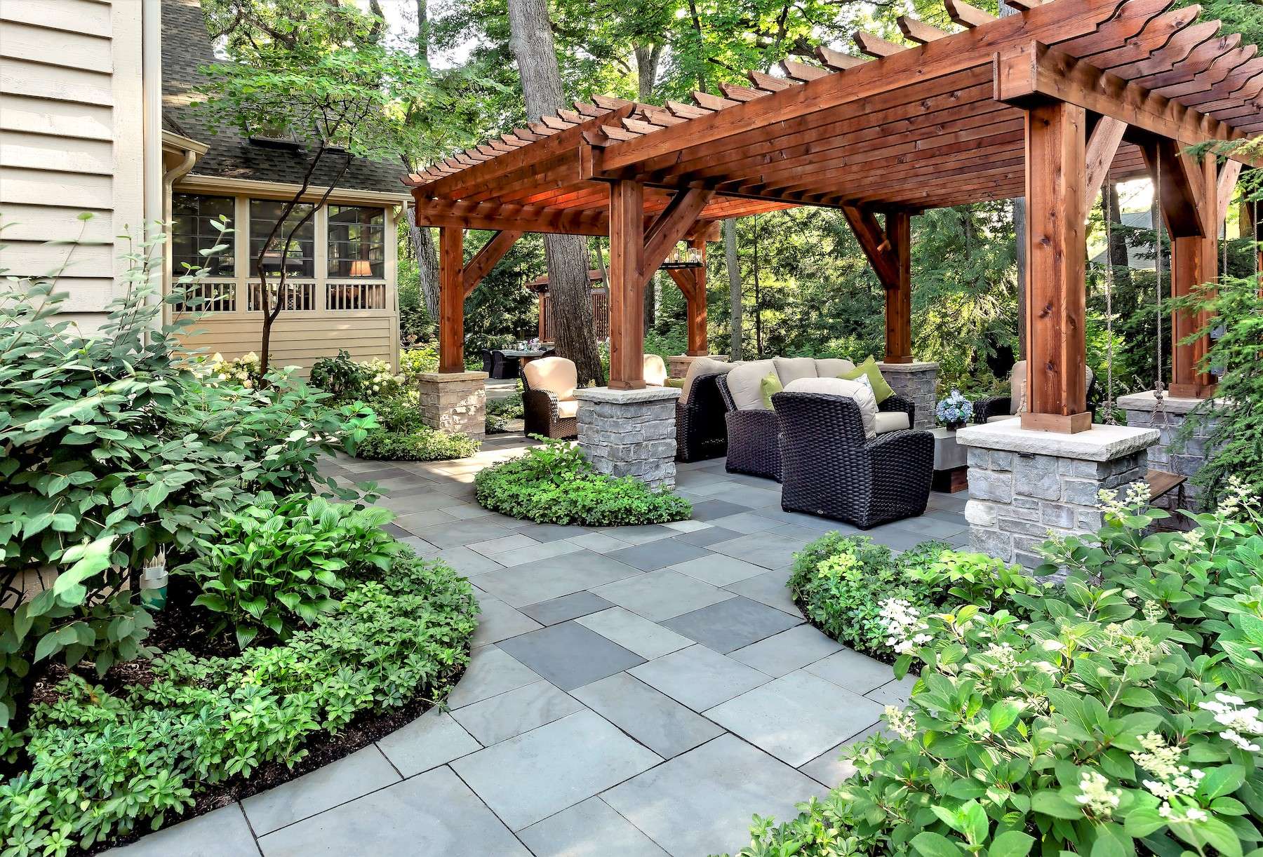 patio with pergola and plantings