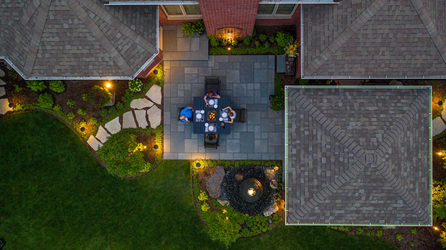 Aerial view of brick paver patio