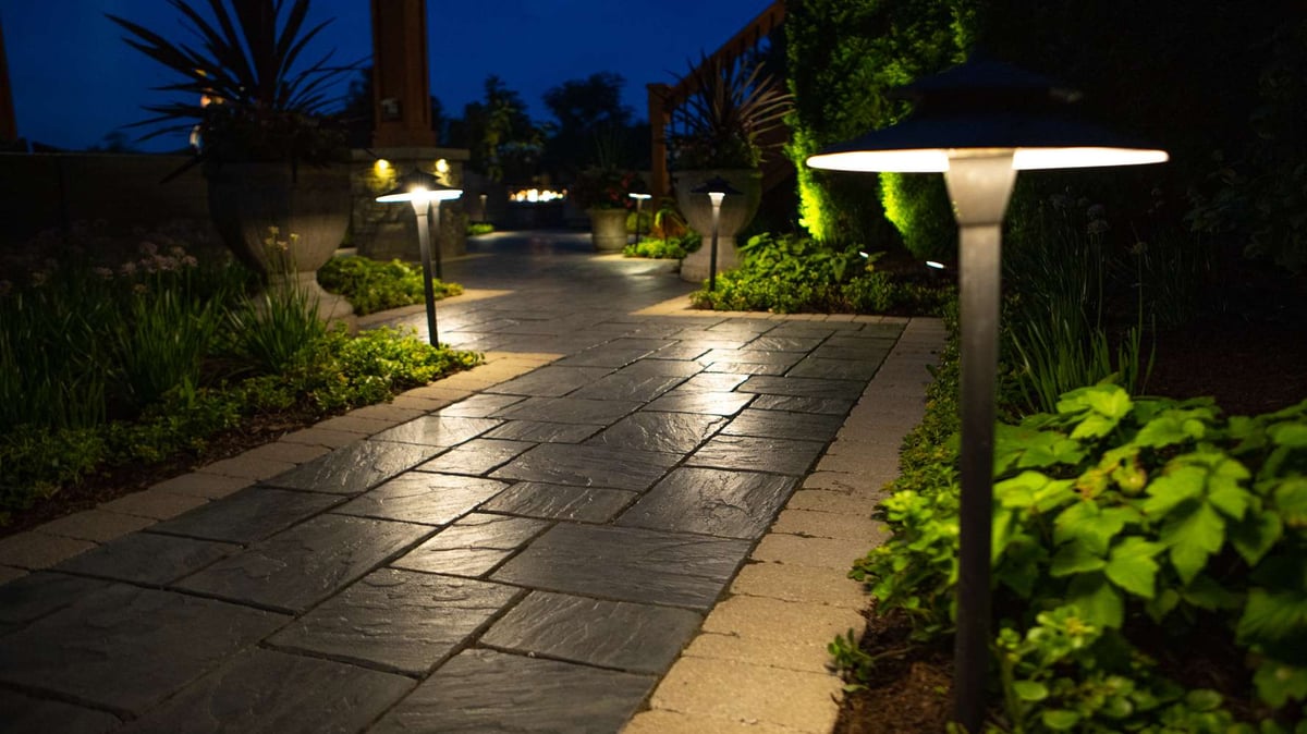 landscape lights lining walkway with plantings