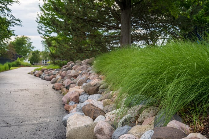 landscape bed with rock and ornamental grasses