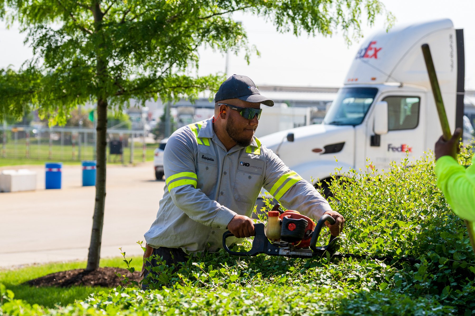 commercial maintenance technician shearing pruning hedge