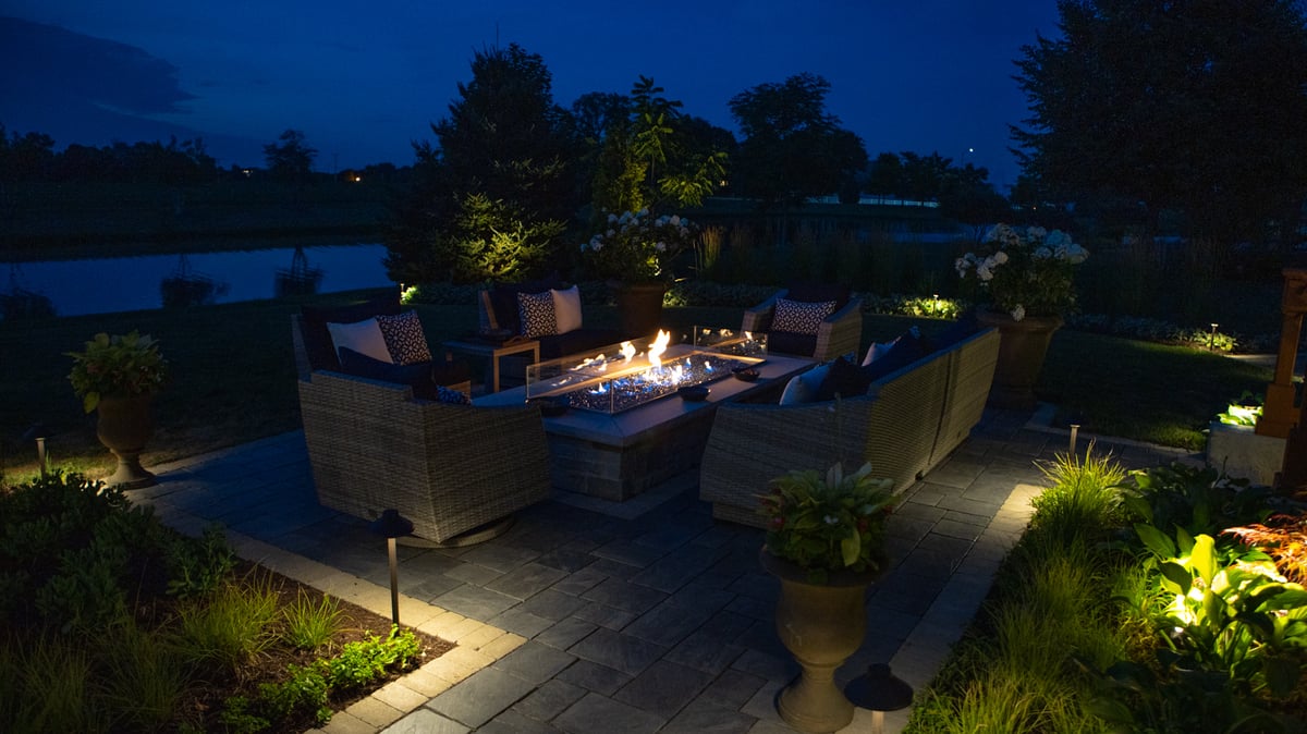 fire table and landscape lighting