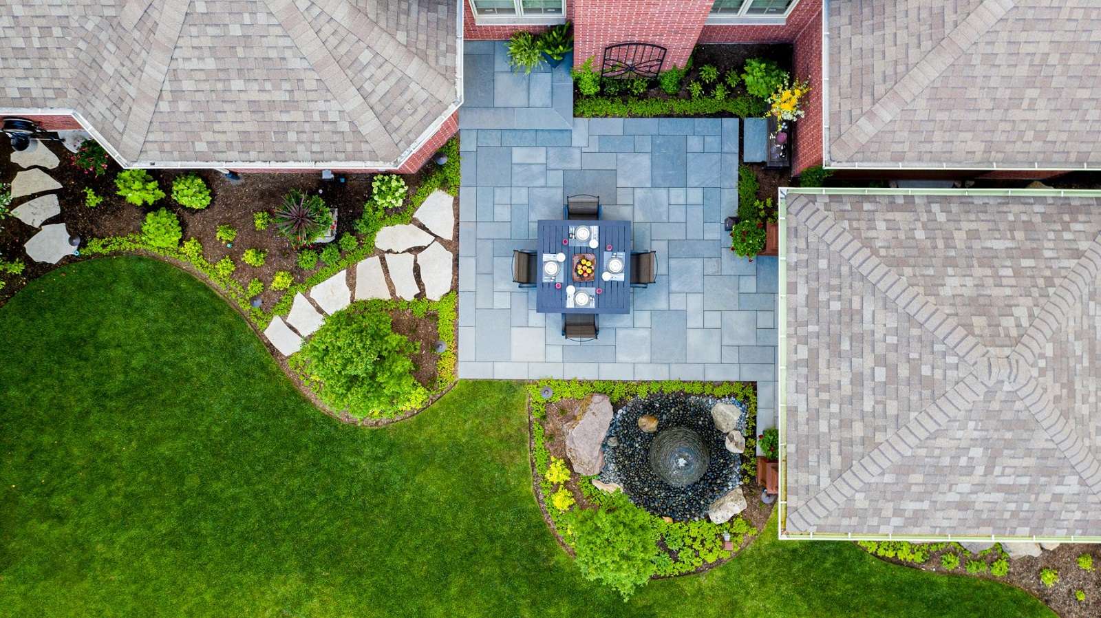 aerial of a patio w natural stone